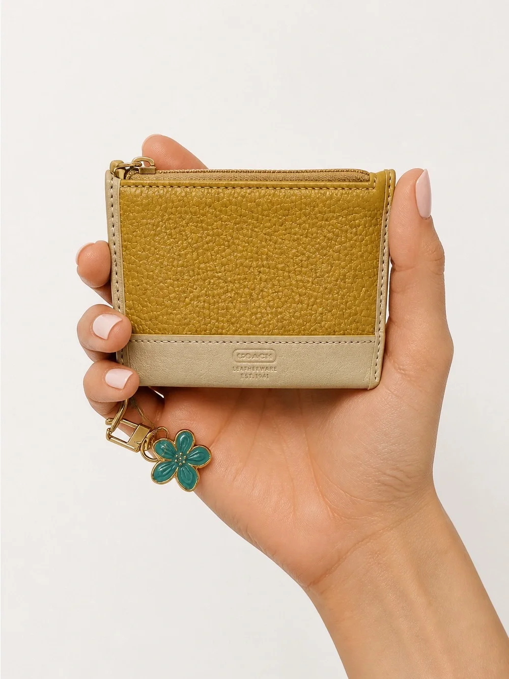 Coach Mustard and Cream Pebbled Leather Mini Wallet with Green Floral Charm